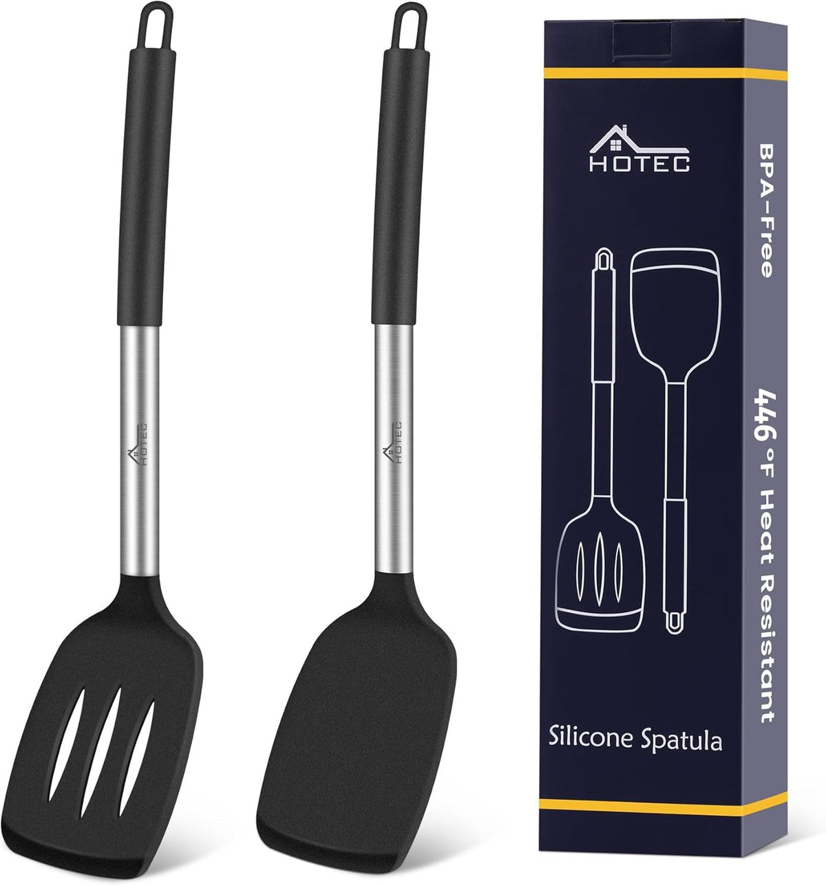 Silicone Spatula Set of 2 Heat-Resistant 600°F & BPA-Free Kitchen SaptulaTurner with Stainless Steel Handles, Slotted & Solid Spatulas for Nonstick Cookware, 13.7 Inch, Classic Blue