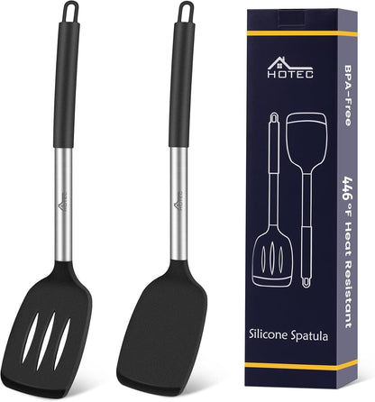 Silicone Spatula Set of 2 Heat-Resistant 600°F & BPA-Free Kitchen SaptulaTurner with Stainless Steel Handles, Slotted & Solid Spatulas for Nonstick Cookware, 13.7 Inch, Classic Blue
