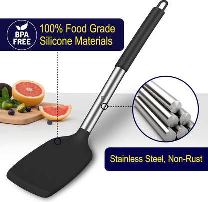 Silicone Spatula Set of 2 Heat-Resistant 600°F & BPA-Free Kitchen SaptulaTurner with Stainless Steel Handles, Slotted & Solid Spatulas for Nonstick Cookware, 13.7 Inch, Classic Blue
