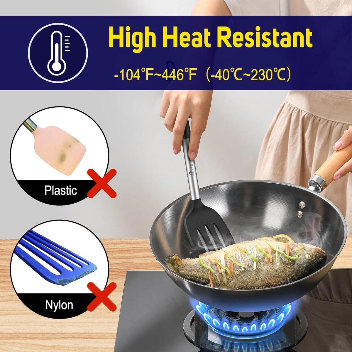 Silicone Spatula Set of 2 Heat-Resistant 600°F & BPA-Free Kitchen SaptulaTurner with Stainless Steel Handles, Slotted & Solid Spatulas for Nonstick Cookware, 13.7 Inch, Classic Blue