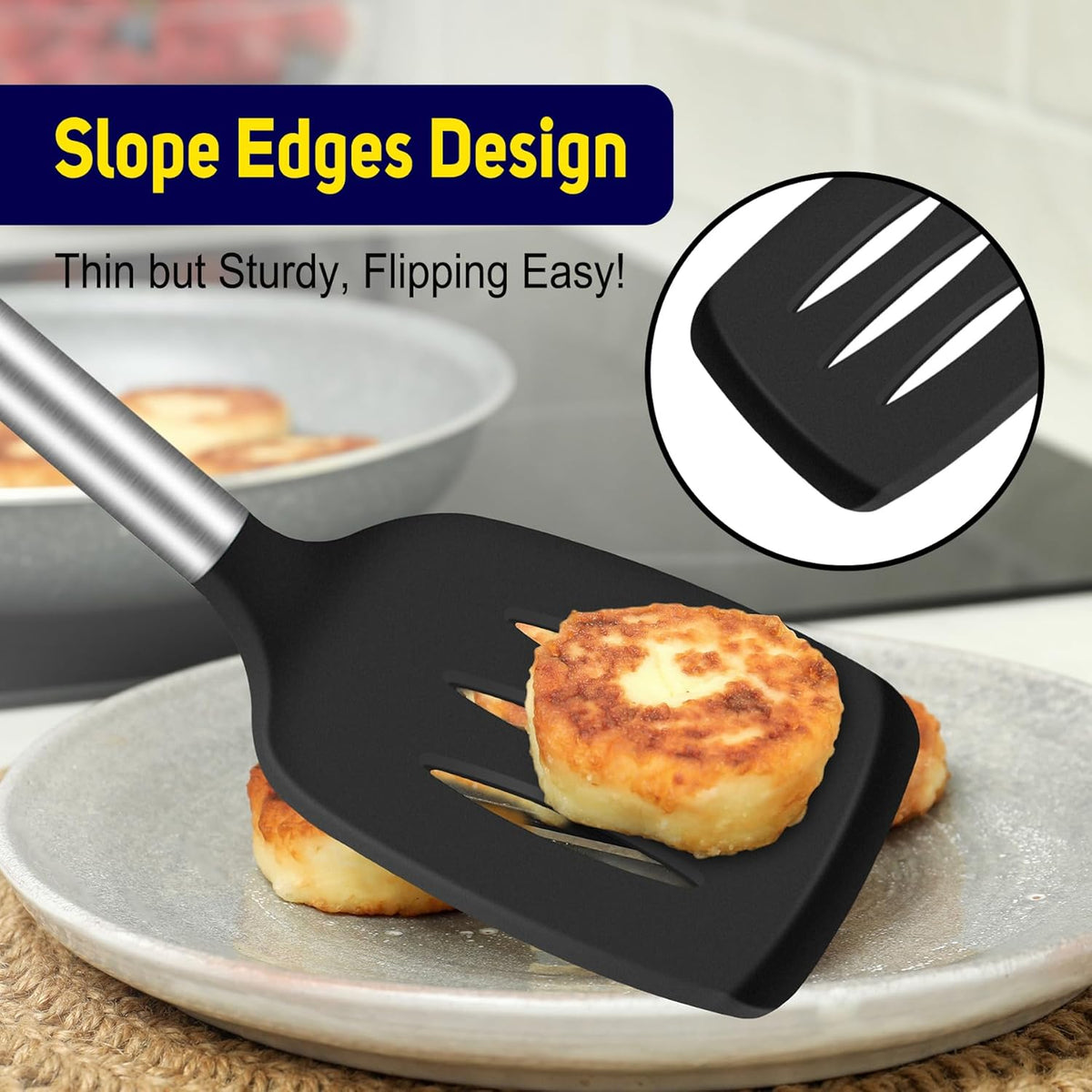 Silicone Spatula Set of 2 Heat-Resistant 600°F & BPA-Free Kitchen SaptulaTurner with Stainless Steel Handles, Slotted & Solid Spatulas for Nonstick Cookware, 13.7 Inch, Classic Blue