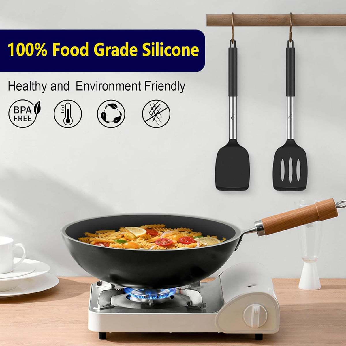Silicone Spatula Set of 2 Heat-Resistant 600°F & BPA-Free Kitchen SaptulaTurner with Stainless Steel Handles, Slotted & Solid Spatulas for Nonstick Cookware, 13.7 Inch, Classic Blue