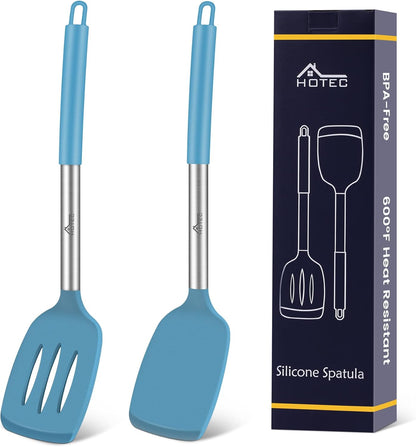 Silicone Spatula Set of 2 Heat-Resistant 600°F & BPA-Free Kitchen SaptulaTurner with Stainless Steel Handles, Slotted & Solid Spatulas for Nonstick Cookware, 13.7 Inch, Classic Blue