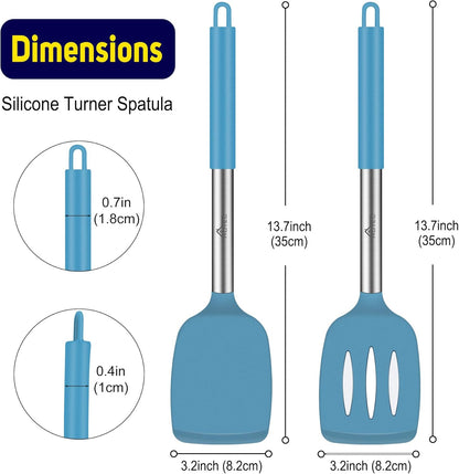 Silicone Spatula Set of 2 Heat-Resistant 600°F & BPA-Free Kitchen SaptulaTurner with Stainless Steel Handles, Slotted & Solid Spatulas for Nonstick Cookware, 13.7 Inch, Classic Blue