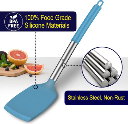 Silicone Spatula Set of 2 Heat-Resistant 600°F & BPA-Free Kitchen SaptulaTurner with Stainless Steel Handles, Slotted & Solid Spatulas for Nonstick Cookware, 13.7 Inch, Classic Blue