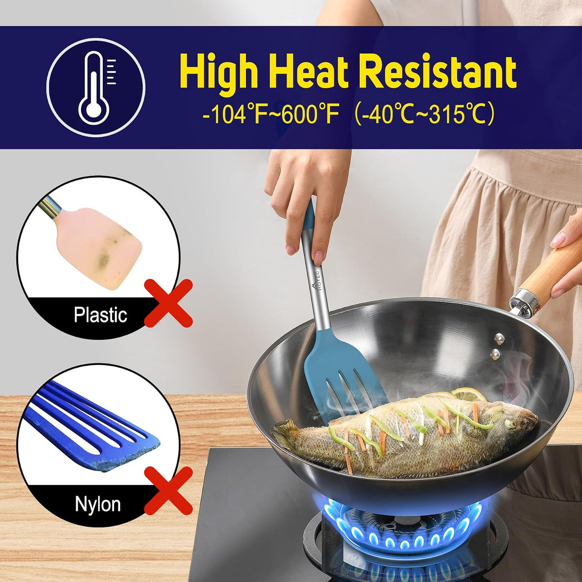 Silicone Spatula Set of 2 Heat-Resistant 600°F & BPA-Free Kitchen SaptulaTurner with Stainless Steel Handles, Slotted & Solid Spatulas for Nonstick Cookware, 13.7 Inch, Classic Blue