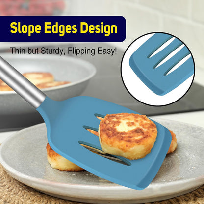 Silicone Spatula Set of 2 Heat-Resistant 600°F & BPA-Free Kitchen SaptulaTurner with Stainless Steel Handles, Slotted & Solid Spatulas for Nonstick Cookware, 13.7 Inch, Classic Blue