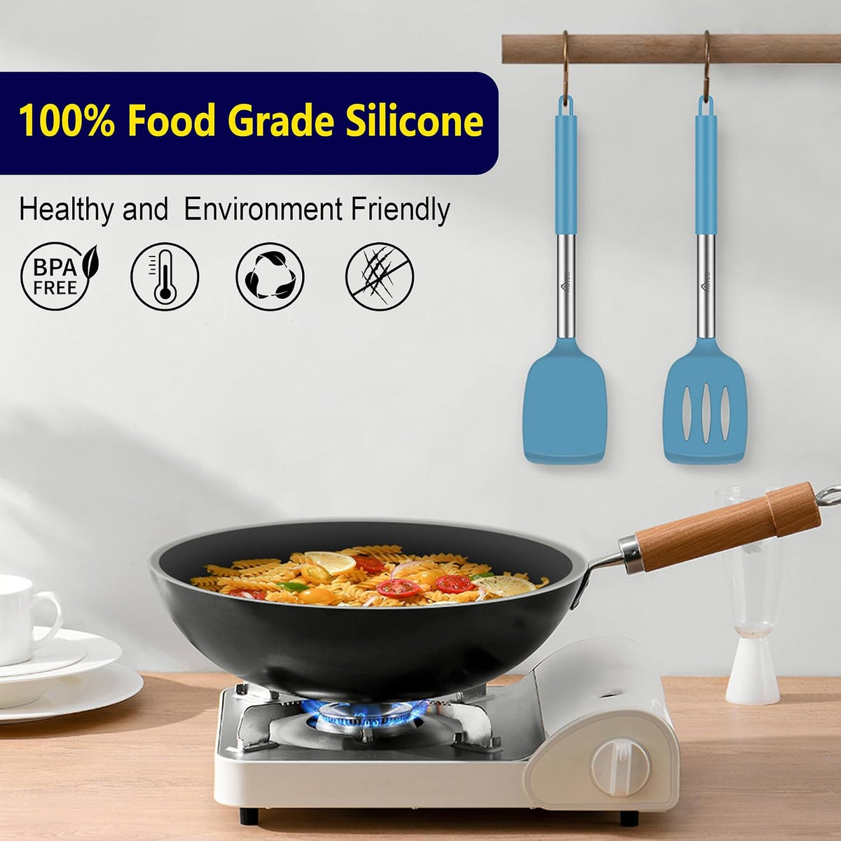 Silicone Spatula Set of 2 Heat-Resistant 600°F & BPA-Free Kitchen SaptulaTurner with Stainless Steel Handles, Slotted & Solid Spatulas for Nonstick Cookware, 13.7 Inch, Classic Blue