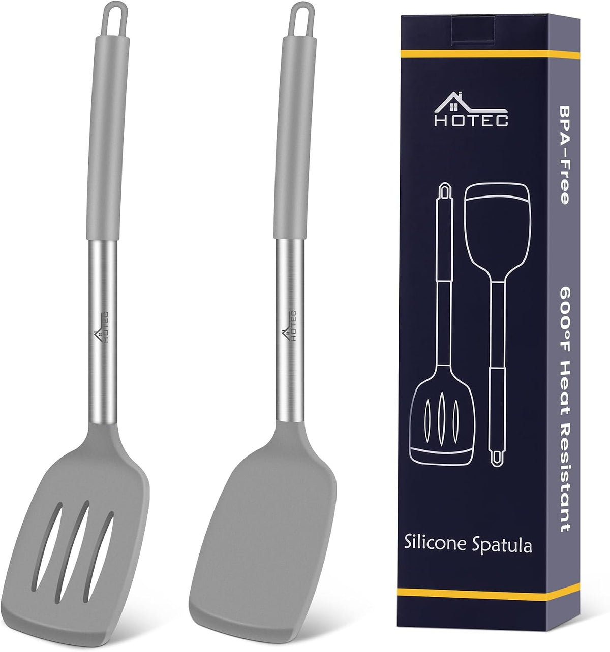 Silicone Spatula Set of 2 Heat-Resistant 600°F & BPA-Free Kitchen SaptulaTurner with Stainless Steel Handles, Slotted & Solid Spatulas for Nonstick Cookware, 13.7 Inch, Classic Blue