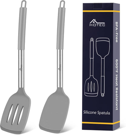 Silicone Spatula Set of 2 Heat-Resistant 600°F & BPA-Free Kitchen SaptulaTurner with Stainless Steel Handles, Slotted & Solid Spatulas for Nonstick Cookware, 13.7 Inch, Classic Blue