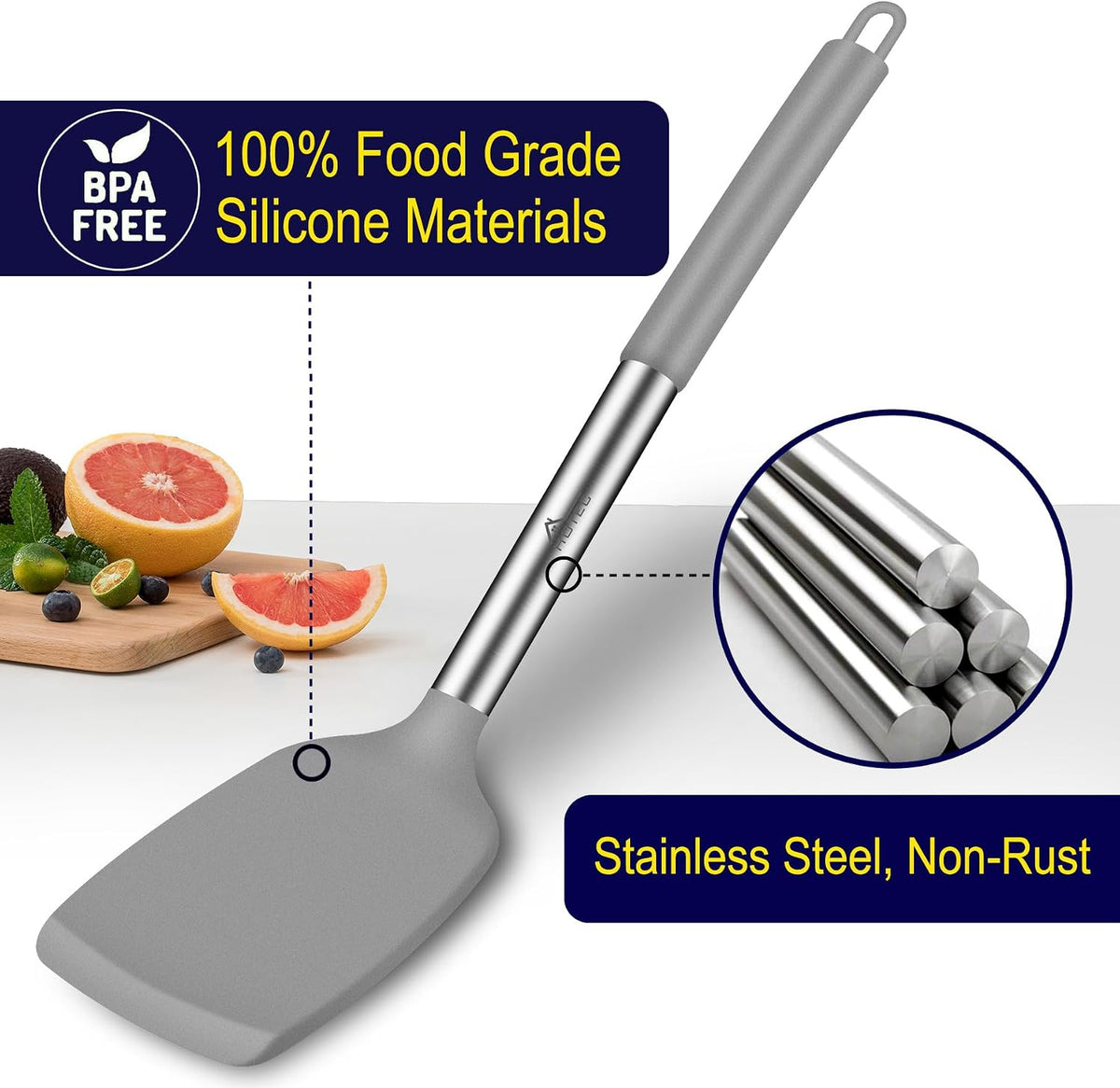Silicone Spatula Set of 2 Heat-Resistant 600°F & BPA-Free Kitchen SaptulaTurner with Stainless Steel Handles, Slotted & Solid Spatulas for Nonstick Cookware, 13.7 Inch, Classic Blue