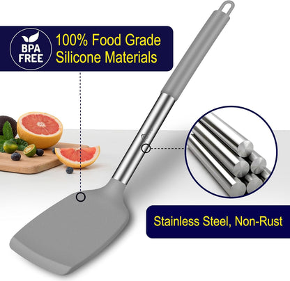 Silicone Spatula Set of 2 Heat-Resistant 600°F & BPA-Free Kitchen SaptulaTurner with Stainless Steel Handles, Slotted & Solid Spatulas for Nonstick Cookware, 13.7 Inch, Classic Blue