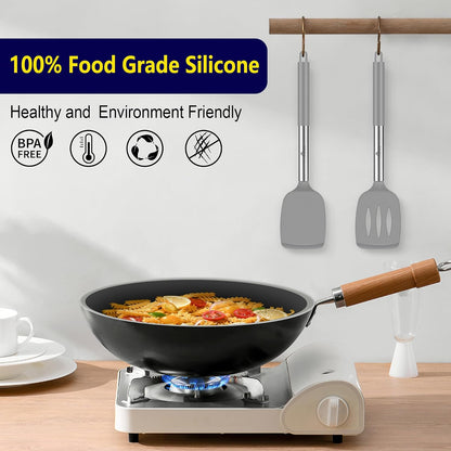 Silicone Spatula Set of 2 Heat-Resistant 600°F & BPA-Free Kitchen SaptulaTurner with Stainless Steel Handles, Slotted & Solid Spatulas for Nonstick Cookware, 13.7 Inch, Classic Blue