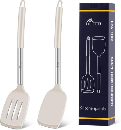 Silicone Spatula Set of 2 Heat-Resistant 600°F & BPA-Free Kitchen SaptulaTurner with Stainless Steel Handles, Slotted & Solid Spatulas for Nonstick Cookware, 13.7 Inch, Classic Blue