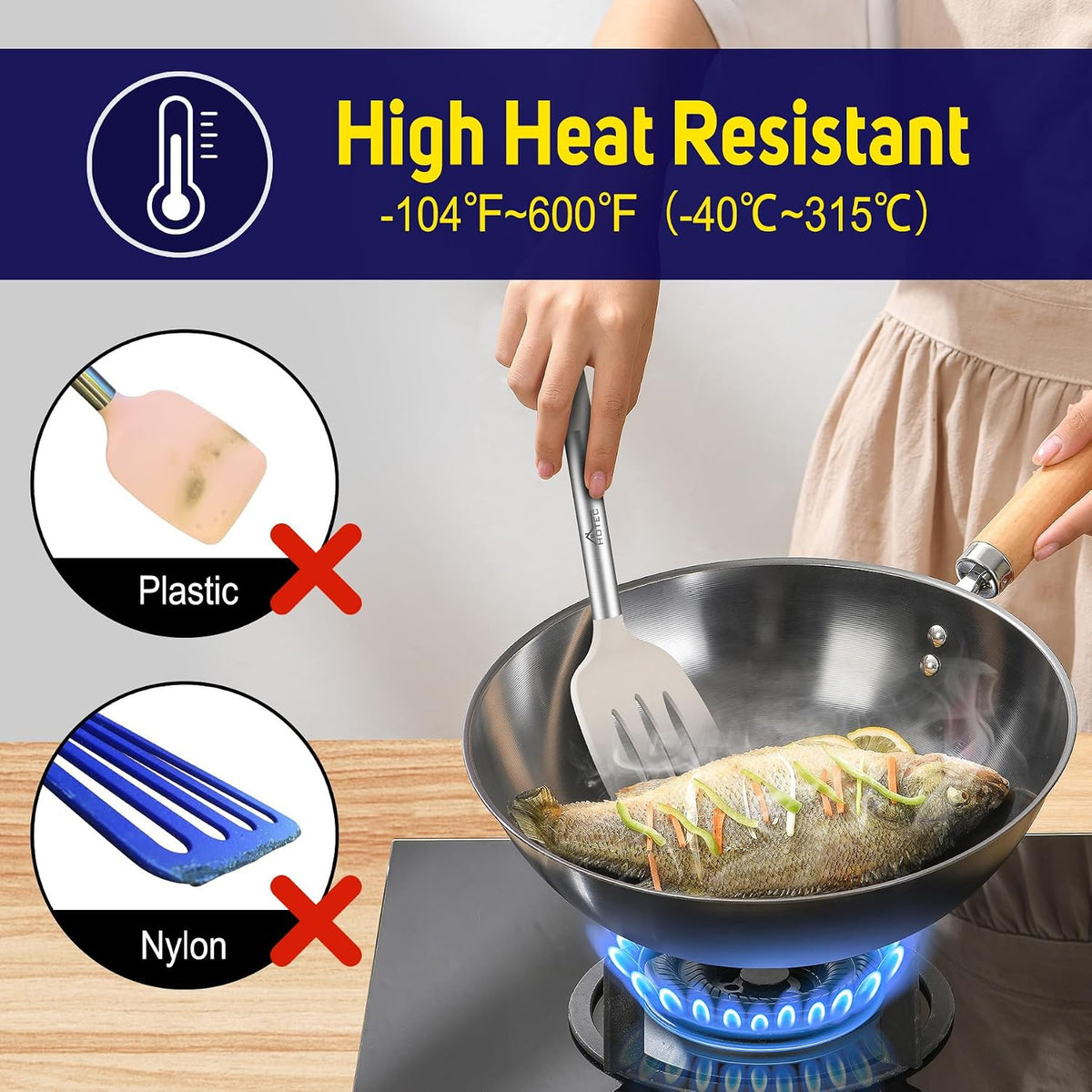 Silicone Spatula Set of 2 Heat-Resistant 600°F & BPA-Free Kitchen SaptulaTurner with Stainless Steel Handles, Slotted & Solid Spatulas for Nonstick Cookware, 13.7 Inch, Classic Blue
