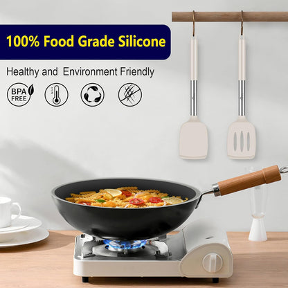 Silicone Spatula Set of 2 Heat-Resistant 600°F & BPA-Free Kitchen SaptulaTurner with Stainless Steel Handles, Slotted & Solid Spatulas for Nonstick Cookware, 13.7 Inch, Classic Blue