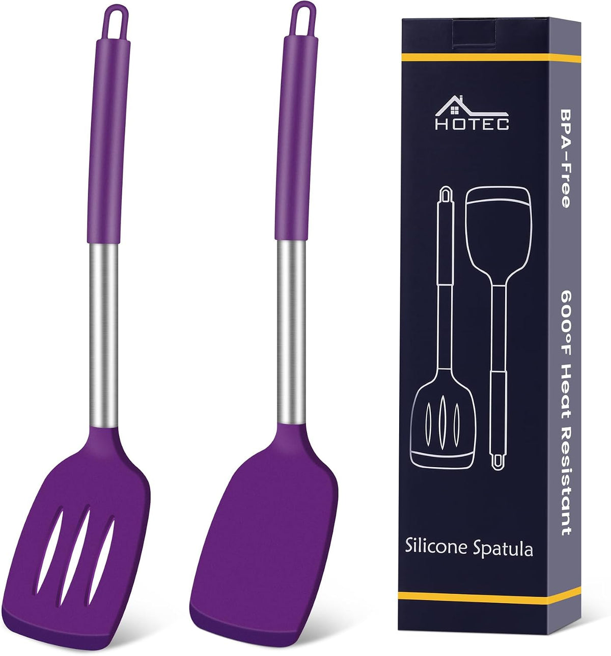 Silicone Spatula Set of 2 Heat-Resistant 600°F & BPA-Free Kitchen SaptulaTurner with Stainless Steel Handles, Slotted & Solid Spatulas for Nonstick Cookware, 13.7 Inch, Classic Blue