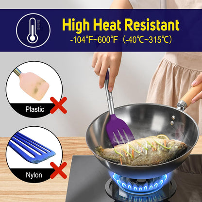 Silicone Spatula Set of 2 Heat-Resistant 600°F & BPA-Free Kitchen SaptulaTurner with Stainless Steel Handles, Slotted & Solid Spatulas for Nonstick Cookware, 13.7 Inch, Classic Blue