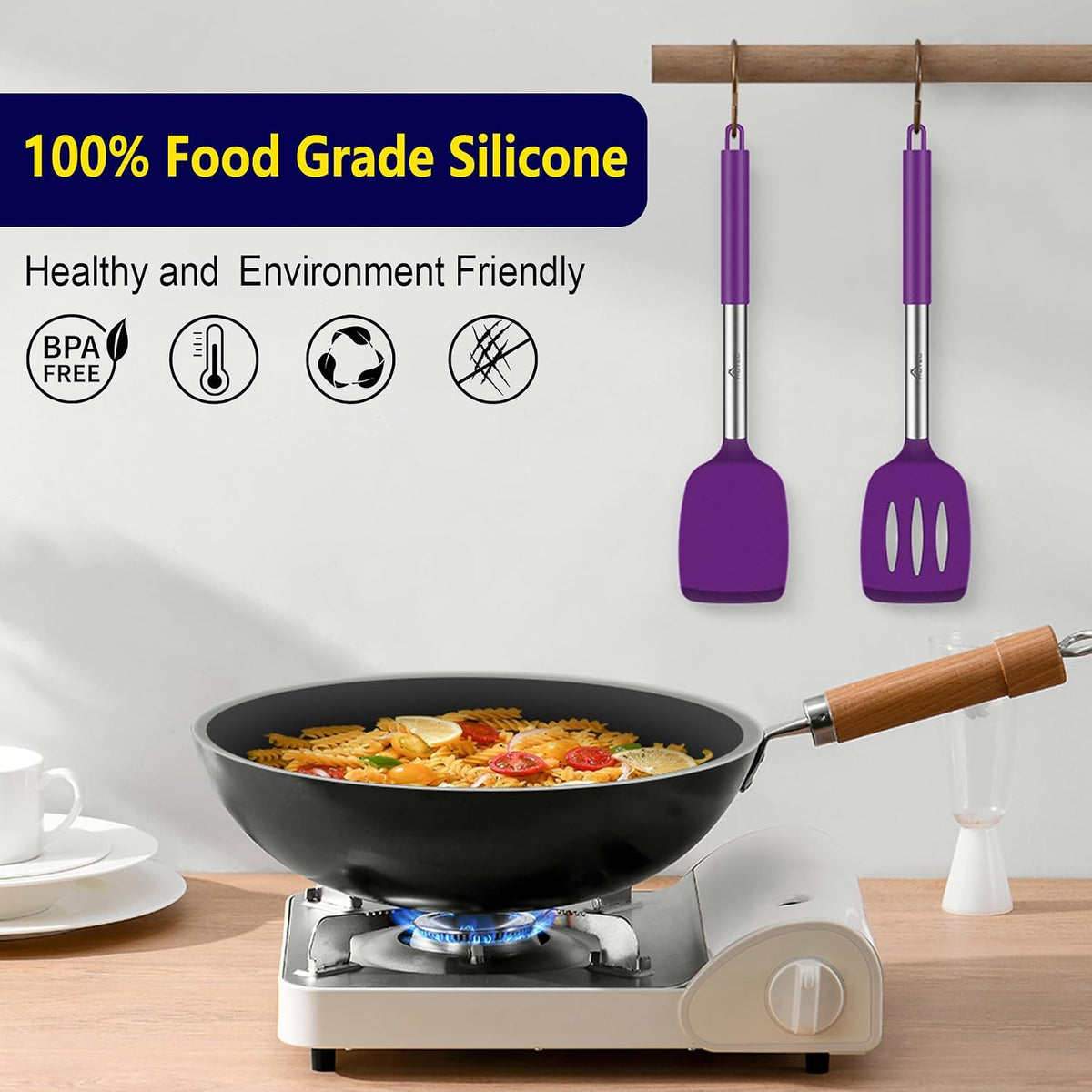 Silicone Spatula Set of 2 Heat-Resistant 600°F & BPA-Free Kitchen SaptulaTurner with Stainless Steel Handles, Slotted & Solid Spatulas for Nonstick Cookware, 13.7 Inch, Classic Blue