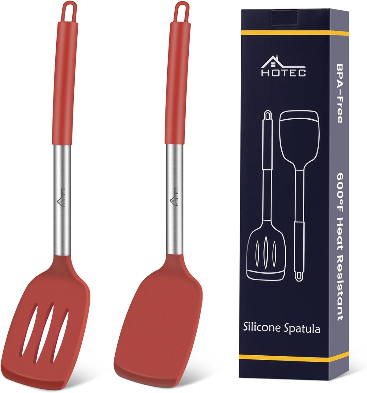 Silicone Spatula Set of 2 Heat-Resistant 600°F & BPA-Free Kitchen SaptulaTurner with Stainless Steel Handles, Slotted & Solid Spatulas for Nonstick Cookware, 13.7 Inch, Classic Blue
