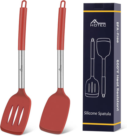 Silicone Spatula Set of 2 Heat-Resistant 600°F & BPA-Free Kitchen SaptulaTurner with Stainless Steel Handles, Slotted & Solid Spatulas for Nonstick Cookware, 13.7 Inch, Classic Blue