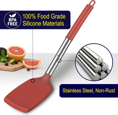 Silicone Spatula Set of 2 Heat-Resistant 600°F & BPA-Free Kitchen SaptulaTurner with Stainless Steel Handles, Slotted & Solid Spatulas for Nonstick Cookware, 13.7 Inch, Classic Blue