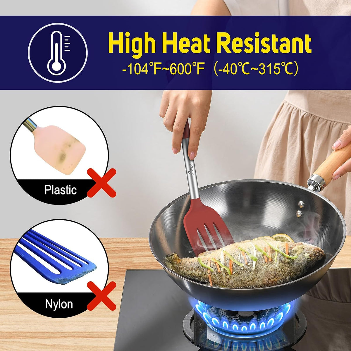 Silicone Spatula Set of 2 Heat-Resistant 600°F & BPA-Free Kitchen SaptulaTurner with Stainless Steel Handles, Slotted & Solid Spatulas for Nonstick Cookware, 13.7 Inch, Classic Blue