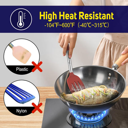 Silicone Spatula Set of 2 Heat-Resistant 600°F & BPA-Free Kitchen SaptulaTurner with Stainless Steel Handles, Slotted & Solid Spatulas for Nonstick Cookware, 13.7 Inch, Classic Blue