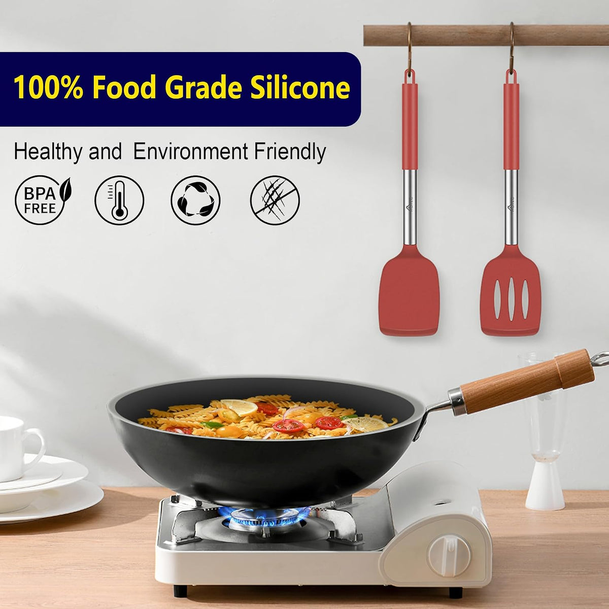 Silicone Spatula Set of 2 Heat-Resistant 600°F & BPA-Free Kitchen SaptulaTurner with Stainless Steel Handles, Slotted & Solid Spatulas for Nonstick Cookware, 13.7 Inch, Classic Blue