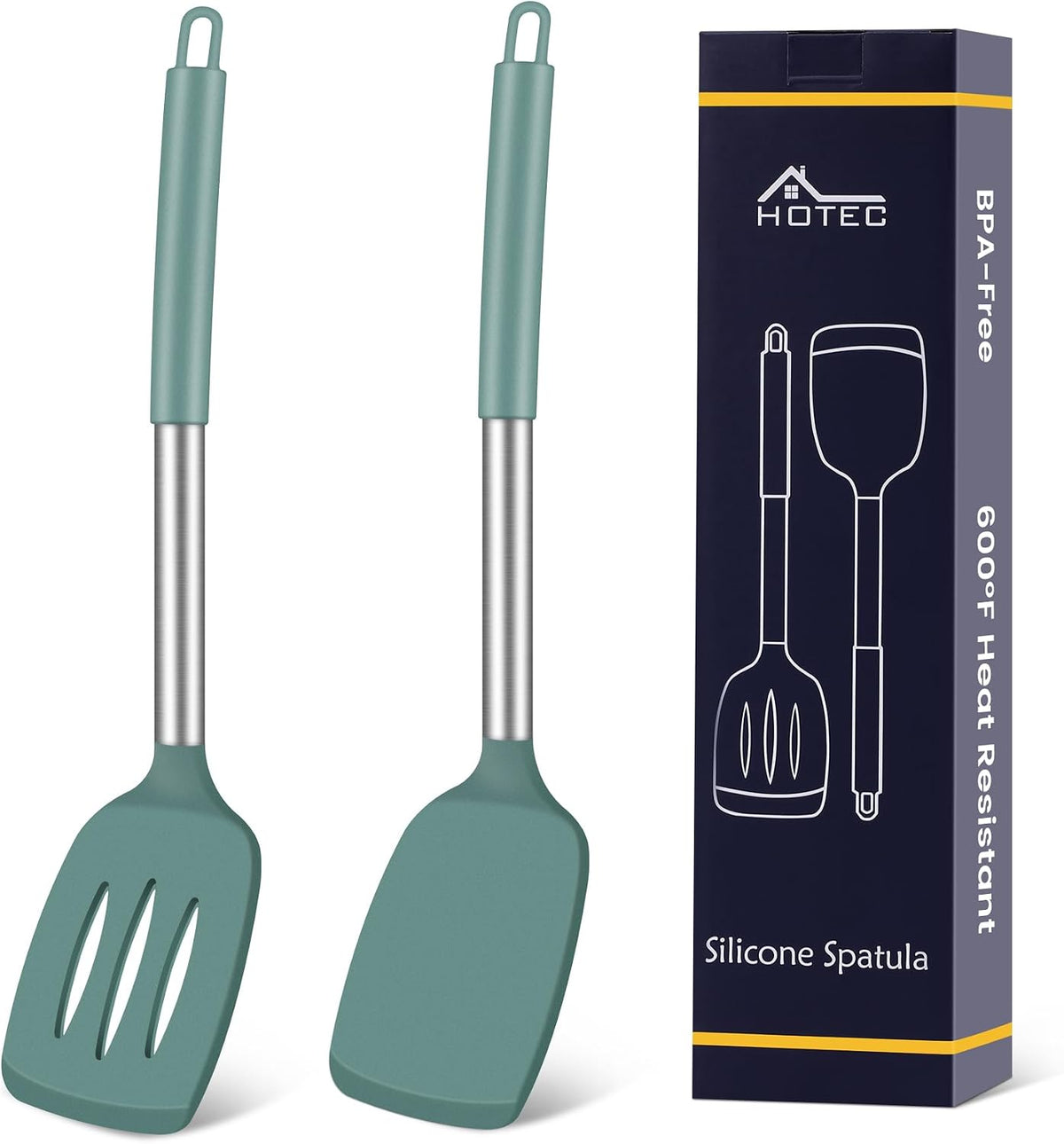 Silicone Spatula Set of 2 Heat-Resistant 600°F & BPA-Free Kitchen SaptulaTurner with Stainless Steel Handles, Slotted & Solid Spatulas for Nonstick Cookware, 13.7 Inch, Classic Blue