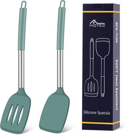 Silicone Spatula Set of 2 Heat-Resistant 600°F & BPA-Free Kitchen SaptulaTurner with Stainless Steel Handles, Slotted & Solid Spatulas for Nonstick Cookware, 13.7 Inch, Classic Blue