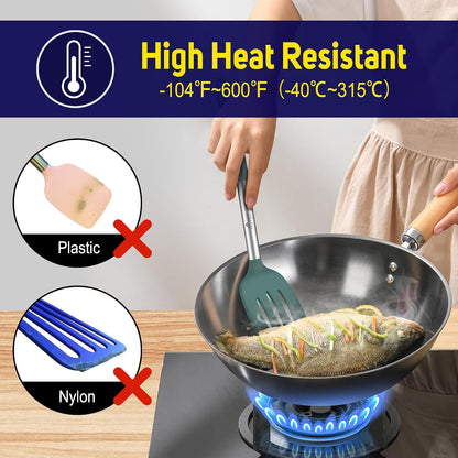 Silicone Spatula Set of 2 Heat-Resistant 600°F & BPA-Free Kitchen SaptulaTurner with Stainless Steel Handles, Slotted & Solid Spatulas for Nonstick Cookware, 13.7 Inch, Classic Blue