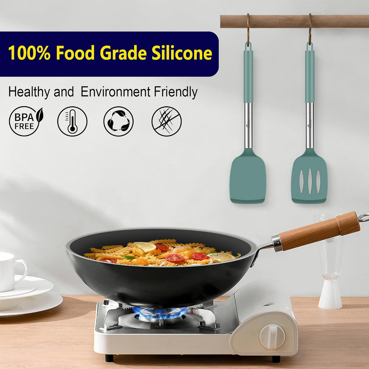 Silicone Spatula Set of 2 Heat-Resistant 600°F & BPA-Free Kitchen SaptulaTurner with Stainless Steel Handles, Slotted & Solid Spatulas for Nonstick Cookware, 13.7 Inch, Classic Blue