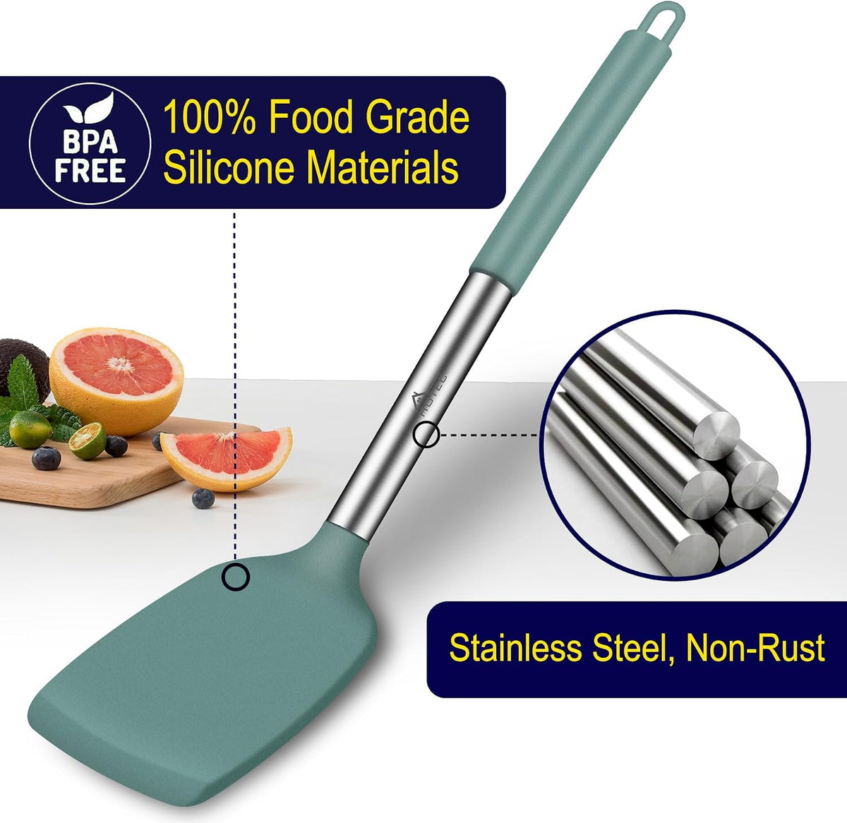 Silicone Spatula Set of 2 Heat-Resistant 600°F & BPA-Free Kitchen SaptulaTurner with Stainless Steel Handles, Slotted & Solid Spatulas for Nonstick Cookware, 13.7 Inch, Classic Blue
