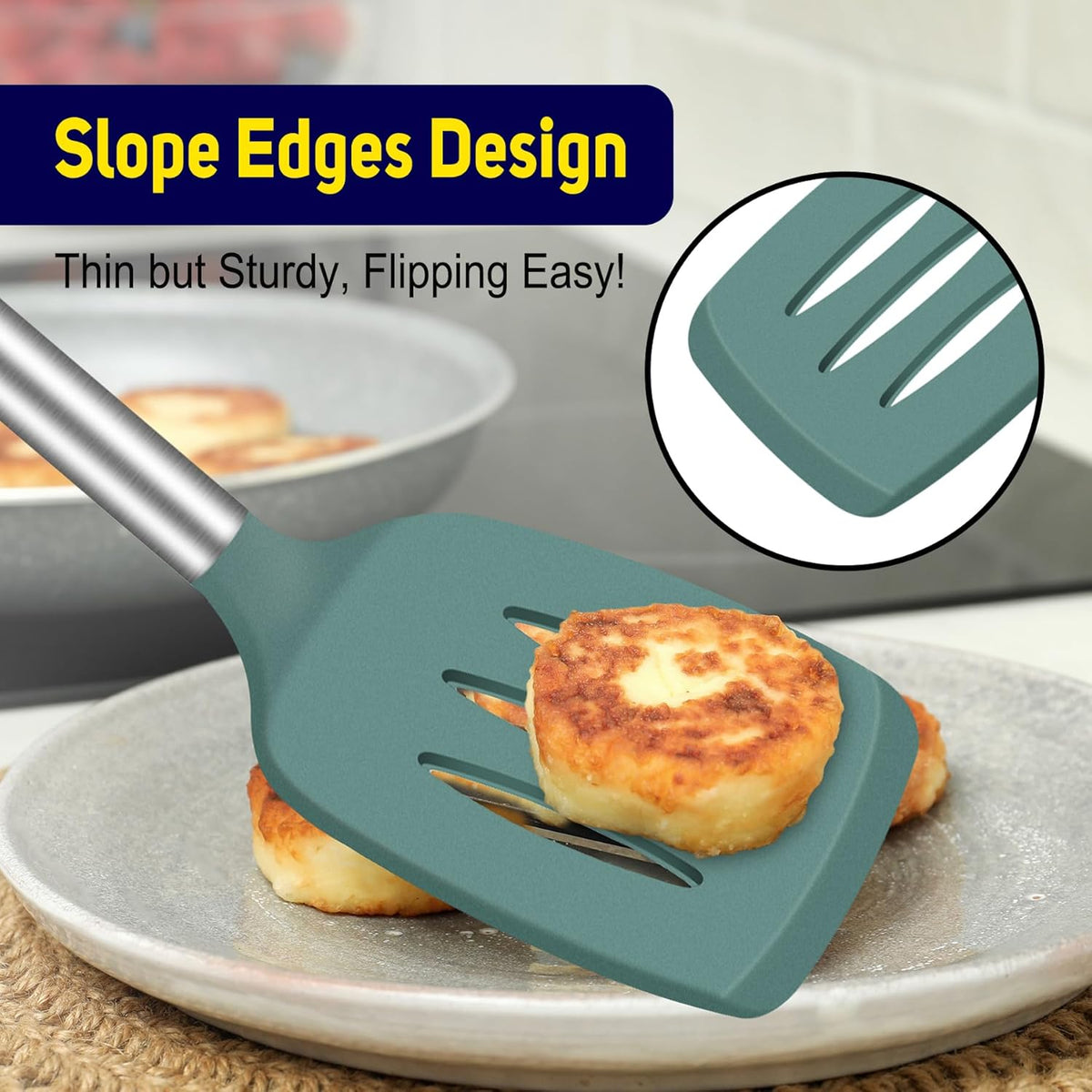 Silicone Spatula Set of 2 Heat-Resistant 600°F & BPA-Free Kitchen SaptulaTurner with Stainless Steel Handles, Slotted & Solid Spatulas for Nonstick Cookware, 13.7 Inch, Classic Blue