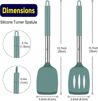 Silicone Spatula Set of 2 Heat-Resistant 600°F & BPA-Free Kitchen SaptulaTurner with Stainless Steel Handles, Slotted & Solid Spatulas for Nonstick Cookware, 13.7 Inch, Classic Blue