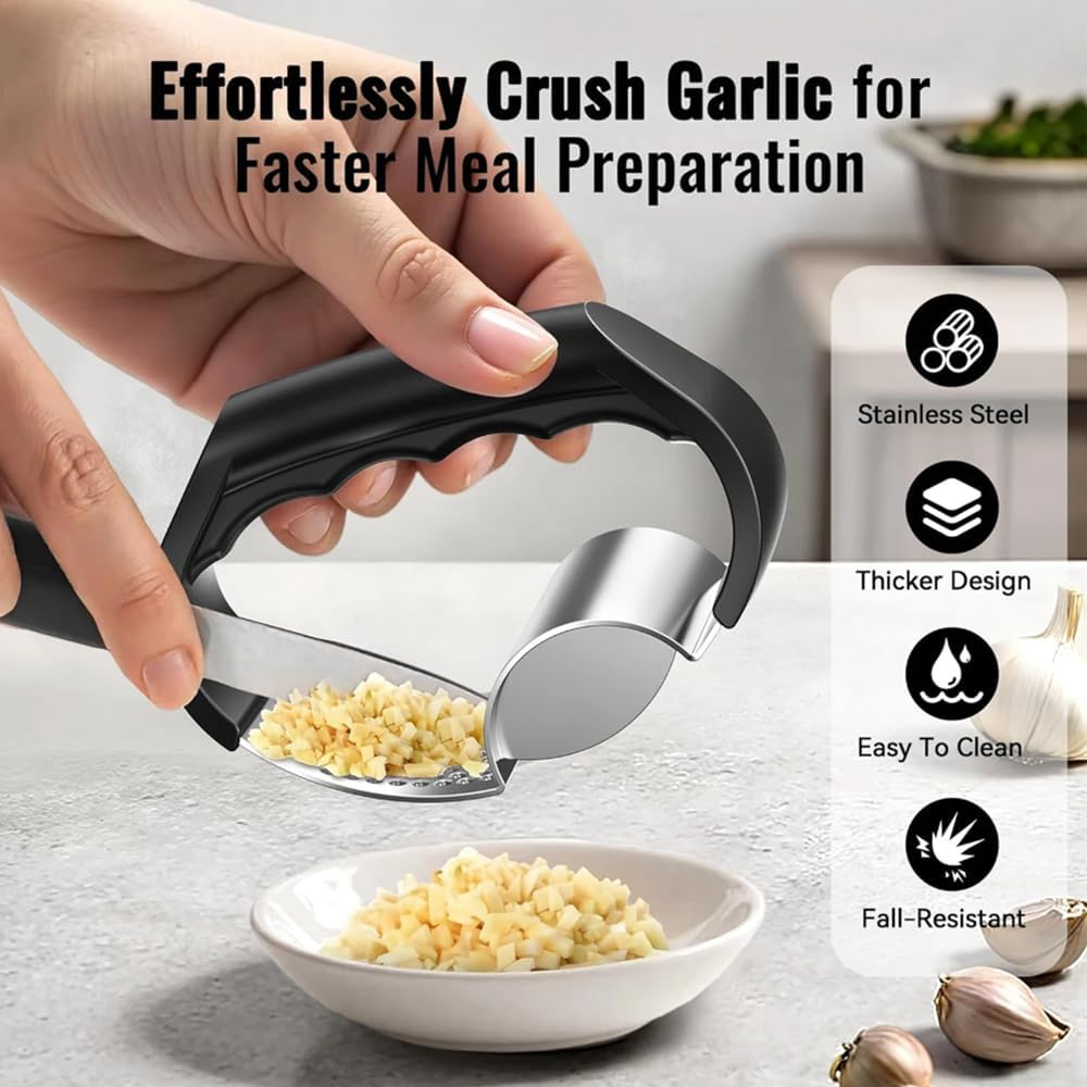 2-in-1 Stainless Steel Garlic Press Garlic Crusher Handheld Garlic Press Rocker Kitchen Gadget for Perfectly Minced Garlic