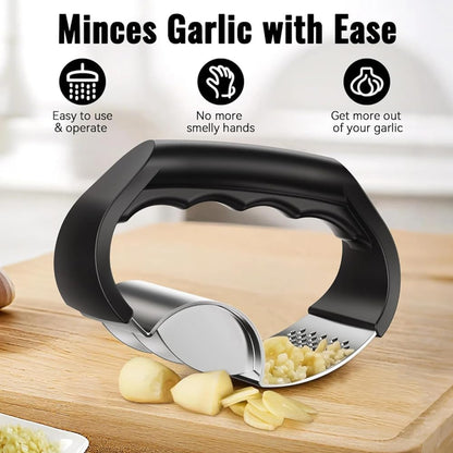 2-in-1 Stainless Steel Garlic Press Garlic Crusher Handheld Garlic Press Rocker Kitchen Gadget for Perfectly Minced Garlic