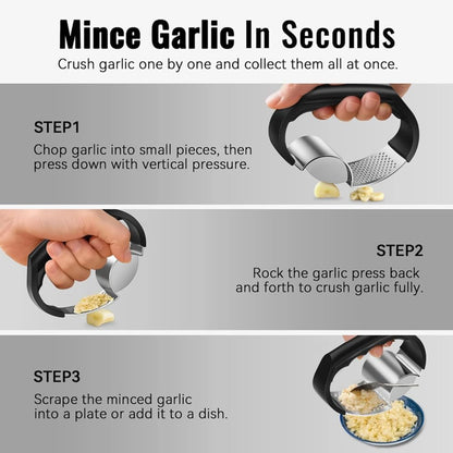 2-in-1 Stainless Steel Garlic Press Garlic Crusher Handheld Garlic Press Rocker Kitchen Gadget for Perfectly Minced Garlic