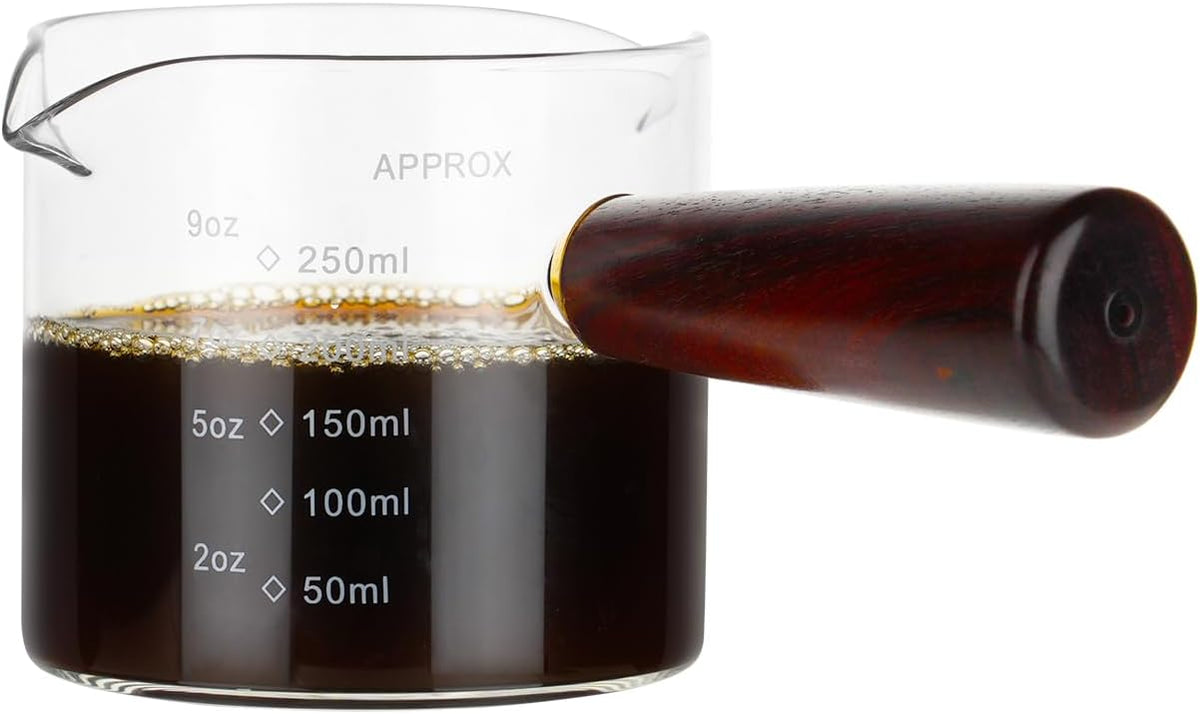 250ML/8.5OZ Measuring Cup Espresso Shot Glasses Double Spouts Large Coffee Cup with Wood Handle Triple Pitcher Milk Cup Parts Clear Glass (250ml-1pack)
