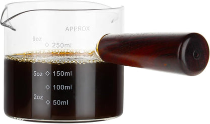 250ML/8.5OZ Measuring Cup Espresso Shot Glasses Double Spouts Large Coffee Cup with Wood Handle Triple Pitcher Milk Cup Parts Clear Glass (250ml-1pack)