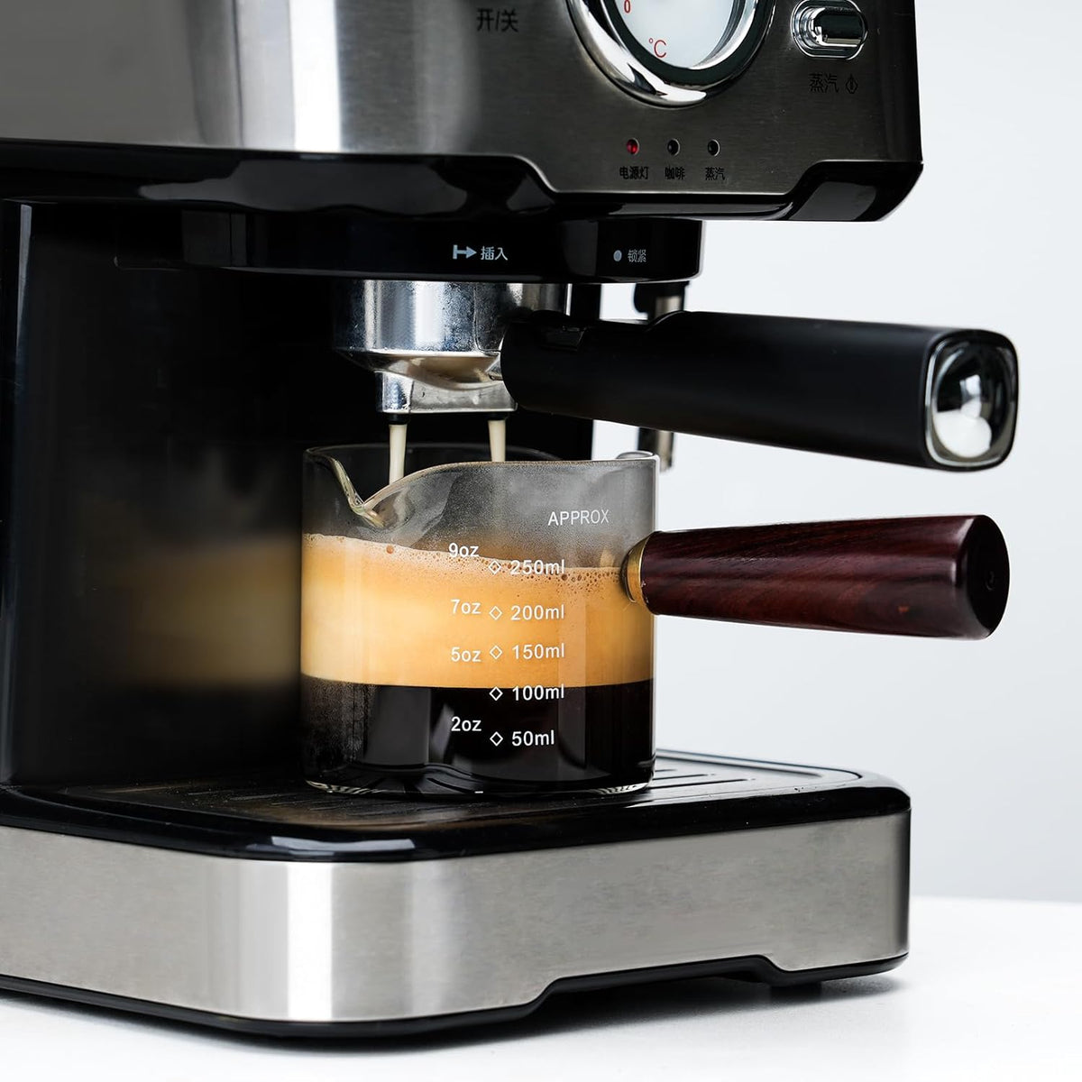 250ML/8.5OZ Measuring Cup Espresso Shot Glasses Double Spouts Large Coffee Cup with Wood Handle Triple Pitcher Milk Cup Parts Clear Glass (250ml-1pack)