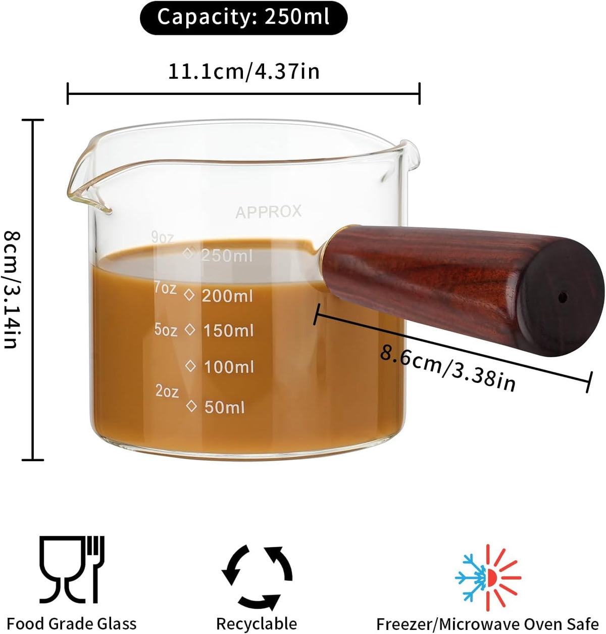 250ML/8.5OZ Measuring Cup Espresso Shot Glasses Double Spouts Large Coffee Cup with Wood Handle Triple Pitcher Milk Cup Parts Clear Glass (250ml-1pack)