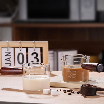 250ML/8.5OZ Measuring Cup Espresso Shot Glasses Double Spouts Large Coffee Cup with Wood Handle Triple Pitcher Milk Cup Parts Clear Glass (250ml-1pack)