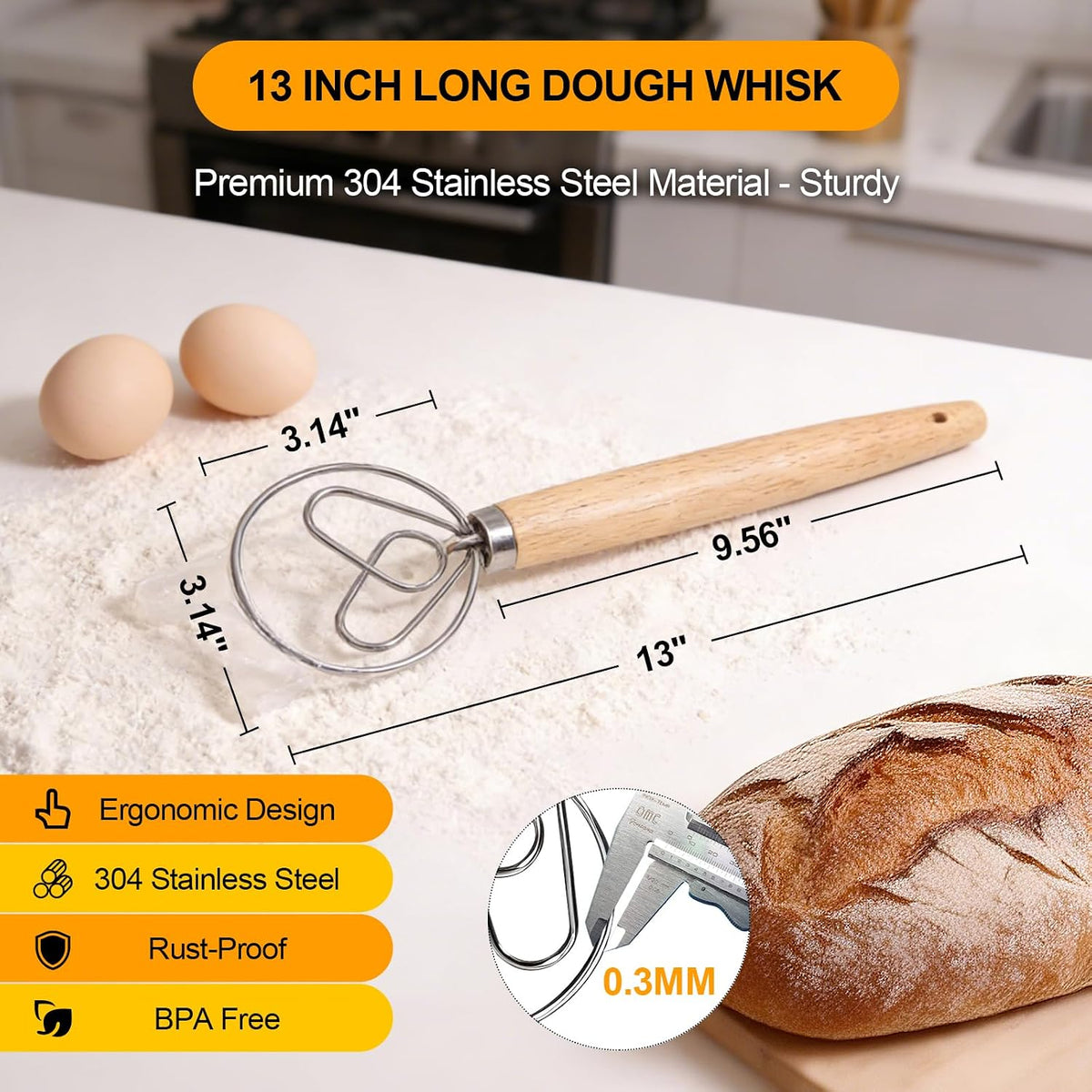 13 Inch Danish Dough Whisk, Stainless Steel Dough Whisk with Long Handle