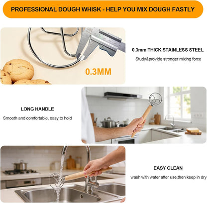 13 Inch Danish Dough Whisk, Stainless Steel Dough Whisk with Long Handle
