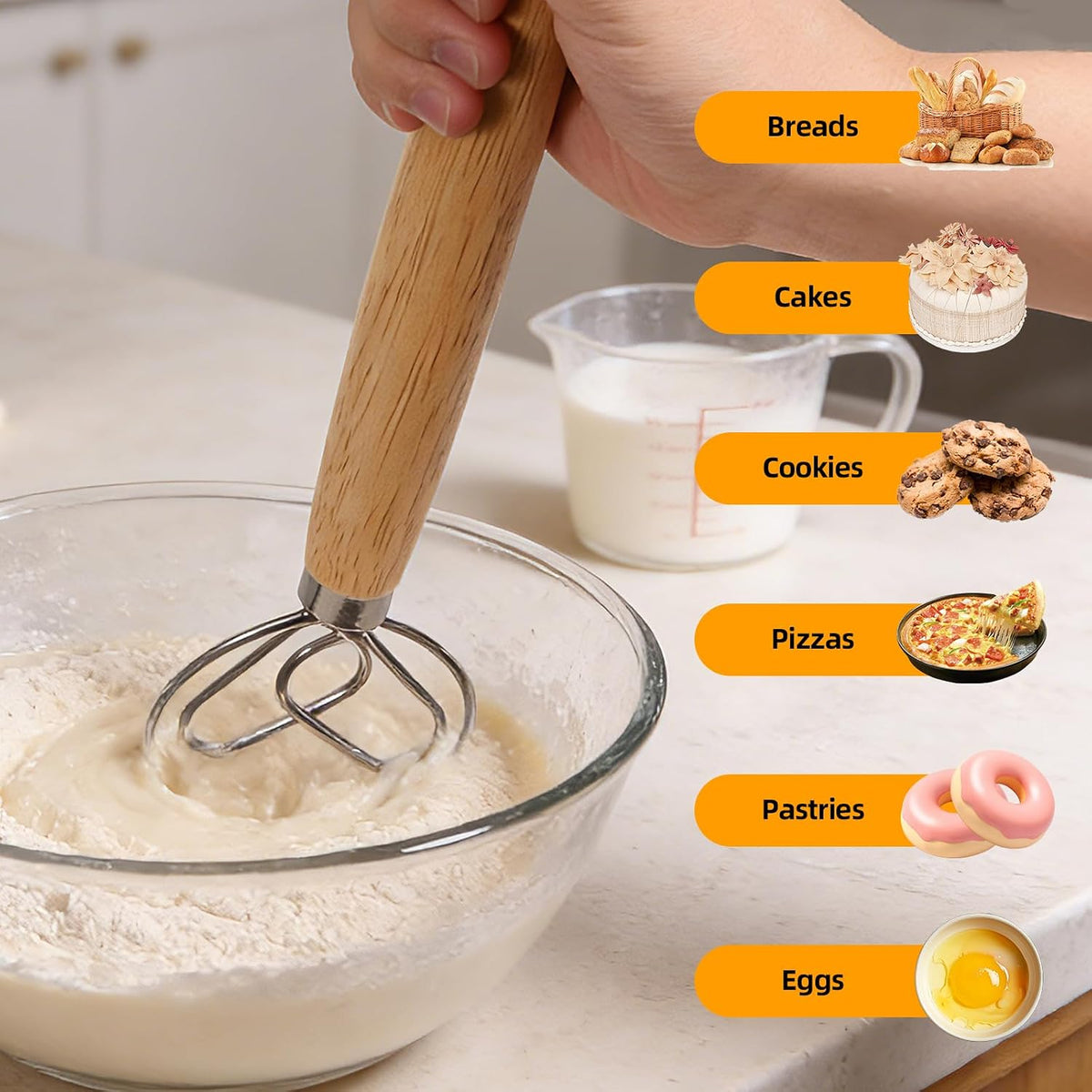 13 Inch Danish Dough Whisk, Stainless Steel Dough Whisk with Long Handle