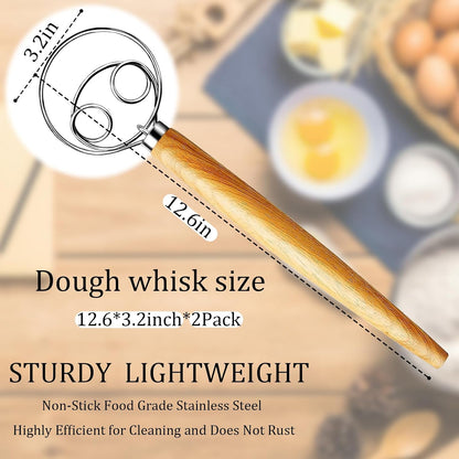 2Pack Danish Dough Whisk - Dough Whisk/Bread Whisk Sourdough Bread Baking Supplies for Cake Bread Pizza Pastry Biscuits, Wooden Hand Stainless Steel Ring Sourdough Baking Dough Mixer