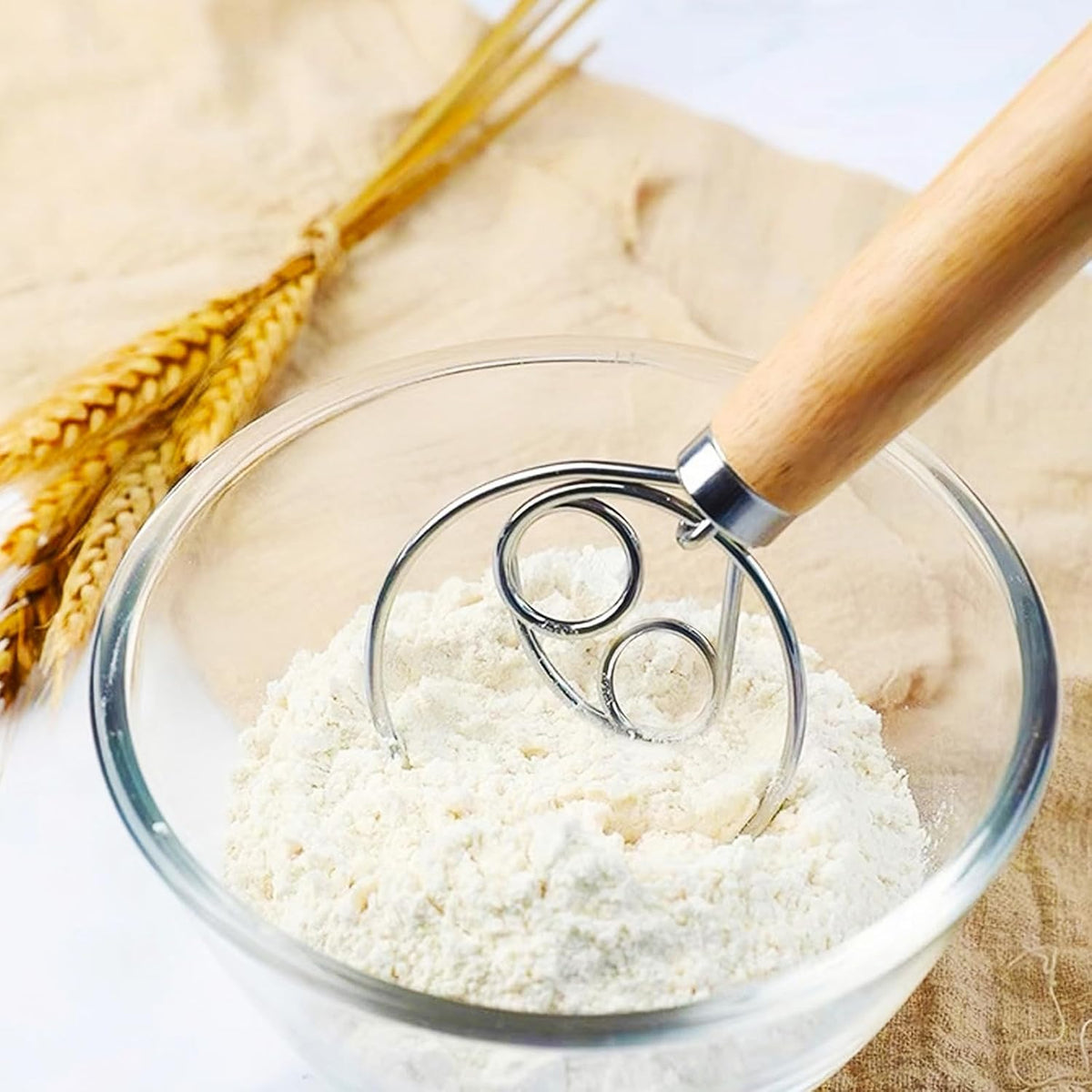 2Pack Danish Dough Whisk - Dough Whisk/Bread Whisk Sourdough Bread Baking Supplies for Cake Bread Pizza Pastry Biscuits, Wooden Hand Stainless Steel Ring Sourdough Baking Dough Mixer