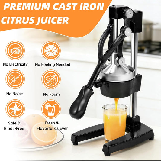 Cast Iron Manual Citrus Juicer | Heavy Duty Hand Press, For Orange, Lemon and Pomegranate, Commercial Grade, Countertop, Easy to Use and Clean